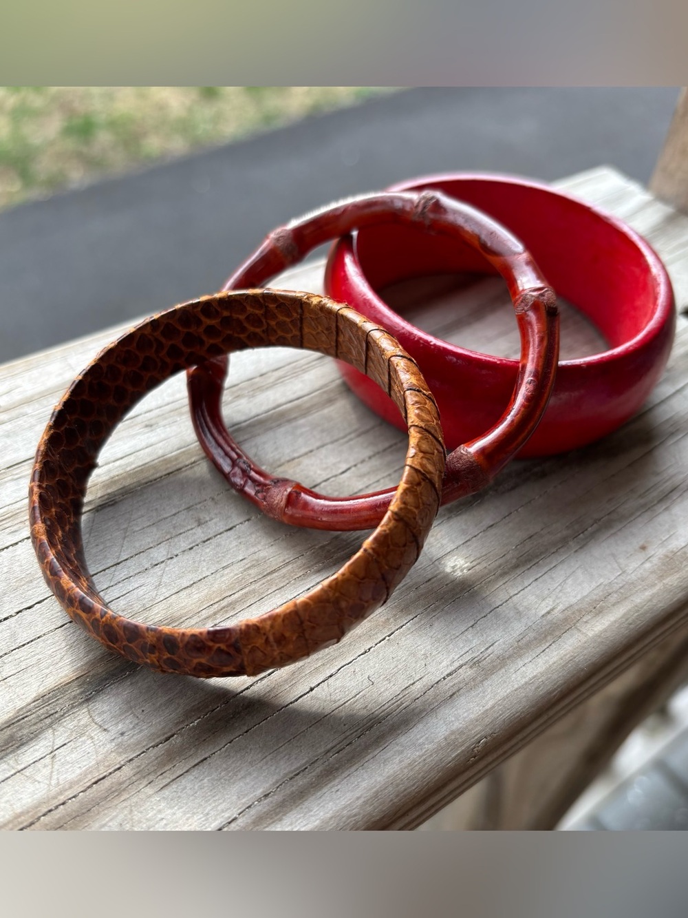 Vintage Tropical Wood & Snakeskin Bangle Bracelet Set